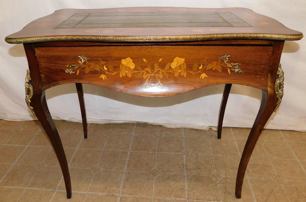 Antique Mahogany Inlaid French Ladies Desk with Tooled Leather Top (1 of 5)