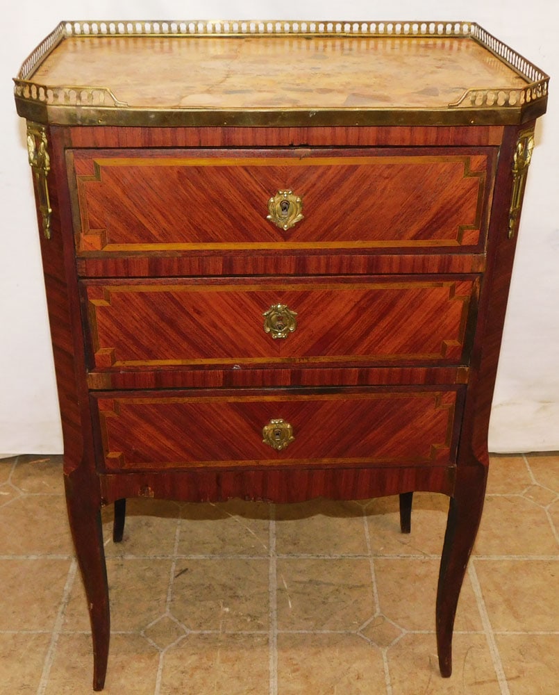 Rosewood Louis XV French 3 Drawer Marble Top Night Stand with Brass Gallery (1 of 6)