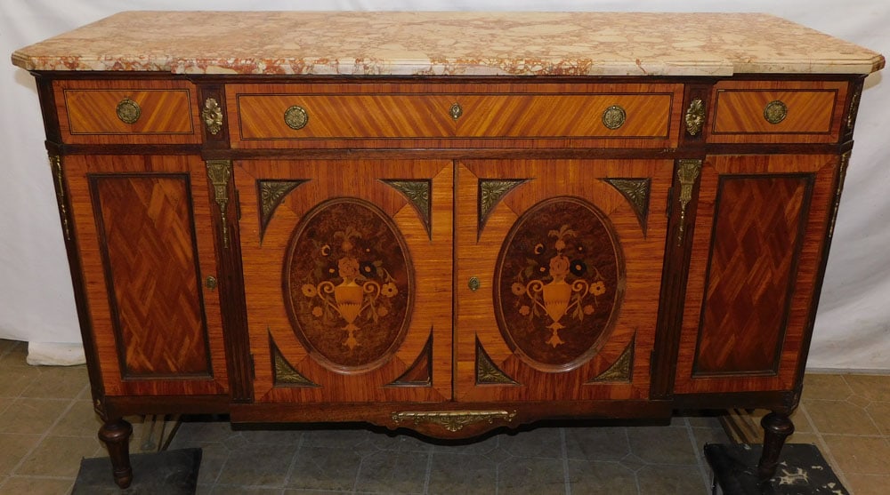 Antique French Rosewood Inlaid Marble Top Sideboard with Bronze Ormolu (1 of 11)