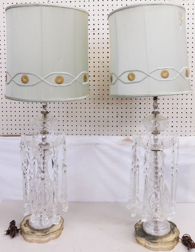 Pair of Large Cut Glass Luster Lamps with Prisms (1 of 5)