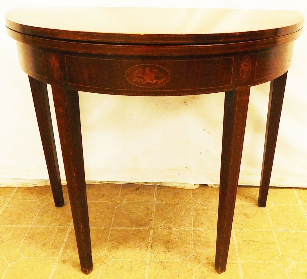 Antique Mahogany Demi-Lune Fold Over Top Game Table with Eagle Inlay (1 of 5)