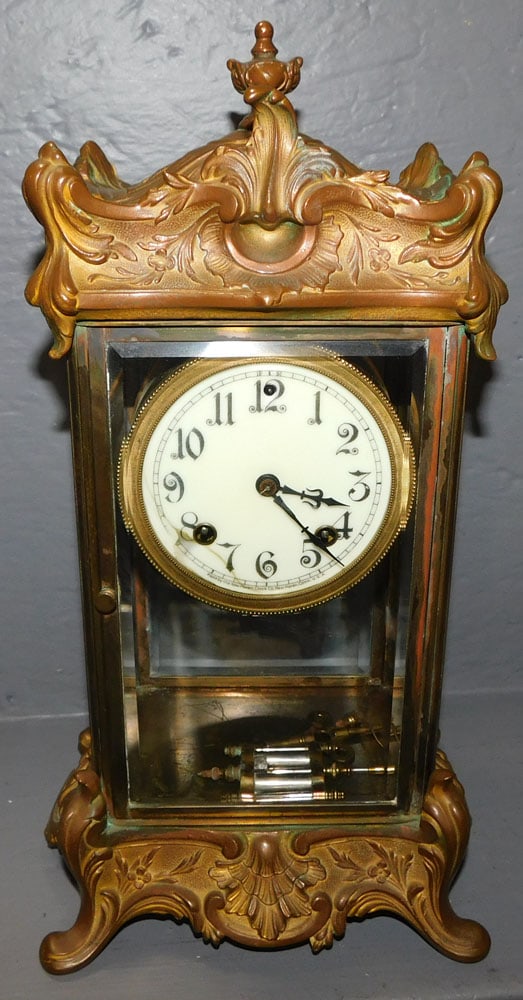Antique Crystal Regulator by New Haven: Antique Crystal Regulator by New Haven. 8 1/2" W 7" D 15" H ALL DESCRIPTIONS AND ANY CONDITION STATEMENT GIVEN BY LANGSTON AUCTION GALLERY ARE STRICTLY OPINIONS AND LANGSTON'S SHALL HAVE NO RESPONSIBI