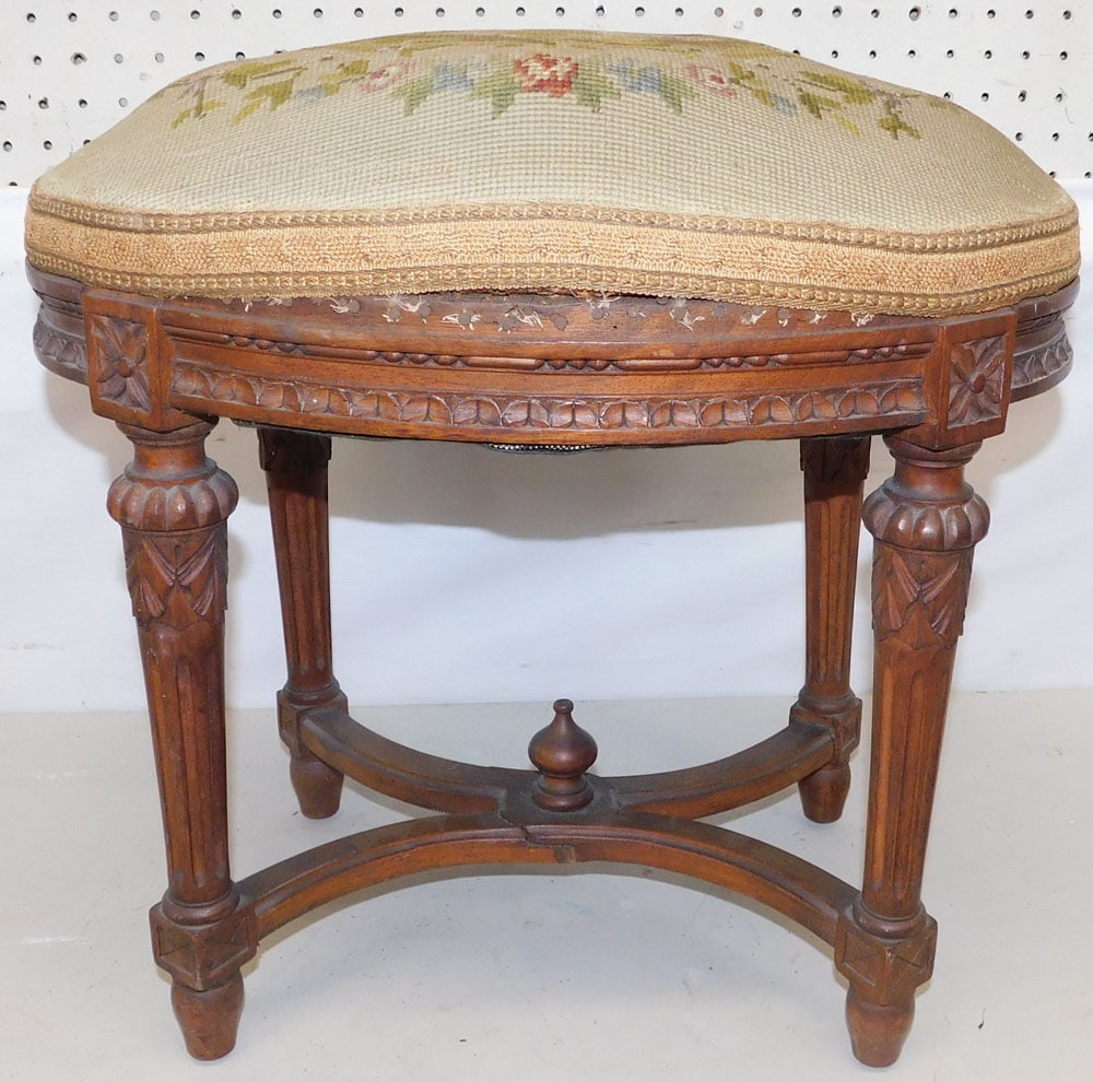 Antique Carved Walnut French Stool with Needlepoint Top (1 of 4)