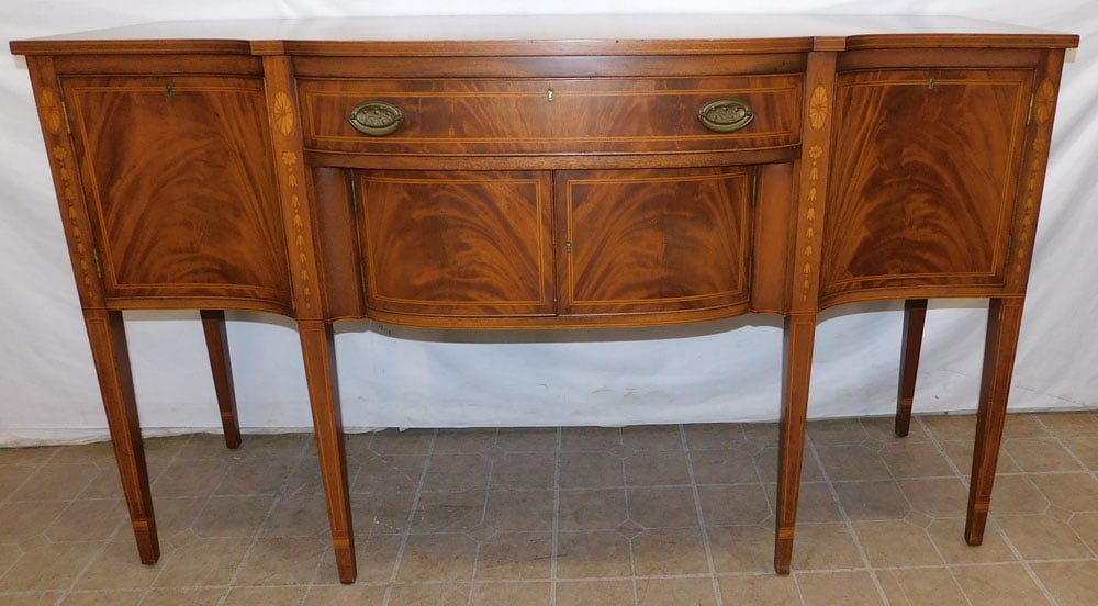 Mahogany Inlaid Sideboard by Biggs: Mahogany Inlaid Sideboard by Biggs. 66 1/4" W 24 1/2" D 39 1/4" H ALL DESCRIPTIONS AND ANY CONDITION STATEMENT GIVEN BY LANGSTON AUCTION GALLERY ARE STRICTLY OPINIONS AND LANGSTON'S SHALL HAVE NO RESP