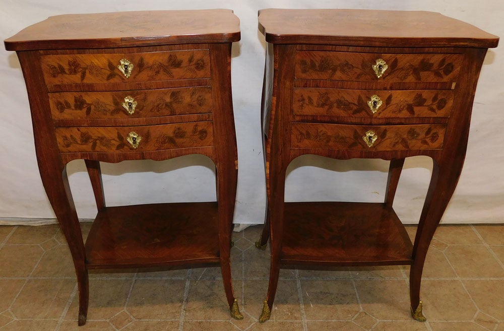 Pair of French Louis XV Inlaid Rosewood 3 Drawer Night Stands (1 of 9)