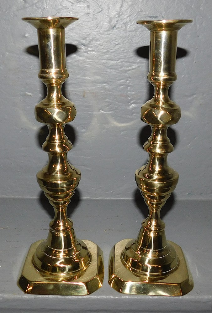 Pair of Antique Brass Push Up Beehive Candlesticks (1 of 2)