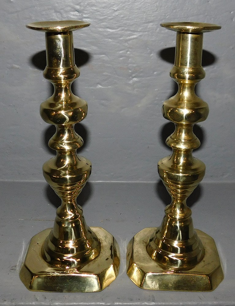Pair of Antique Brass Push Up Beehive Candlesticks (1 of 2)