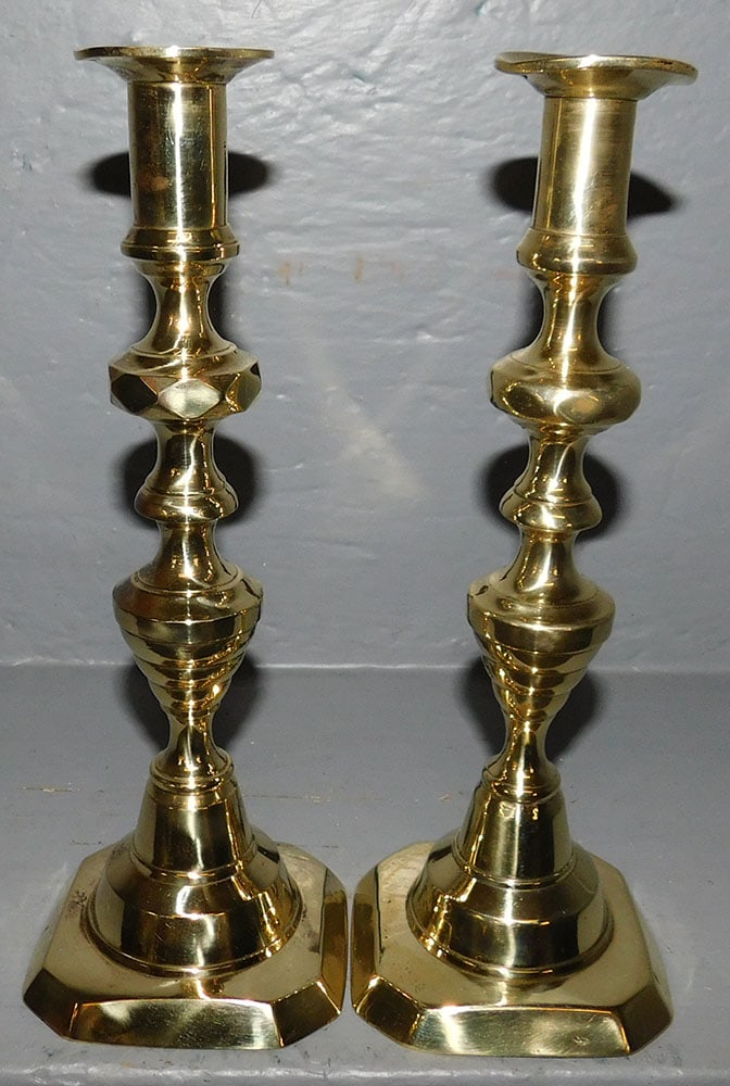 Pair of Antique Brass Push Up Beehive Candlesticks (1 of 2)
