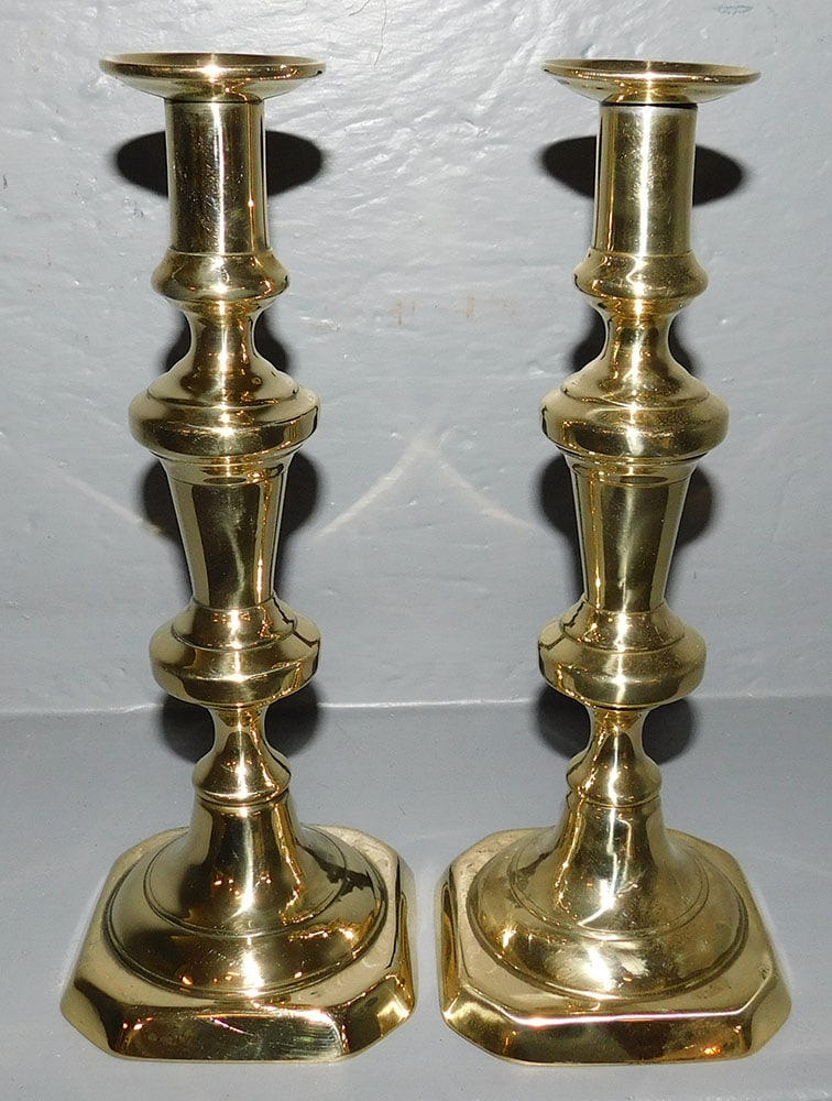 Pair 19th C Polished Brass Push Up Candlesticks (1 of 2)