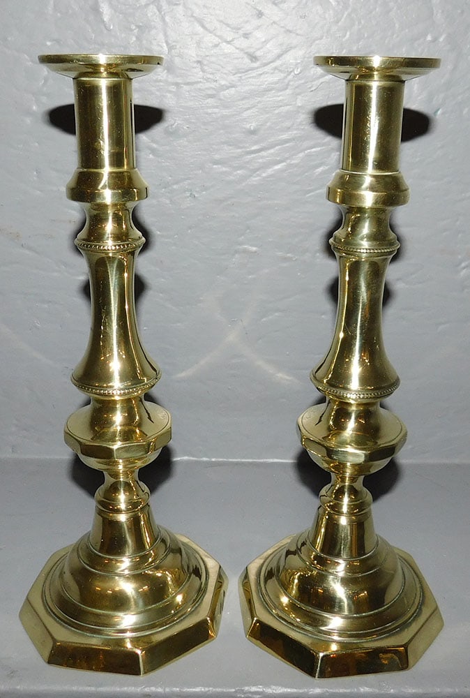 Pair 19th C Polished Brass Push Up Candlesticks (1 of 2)