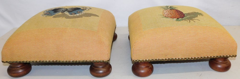 Pair of Upholstered Top Foot Stools with Mahogany Bun Feet (1 of 5)