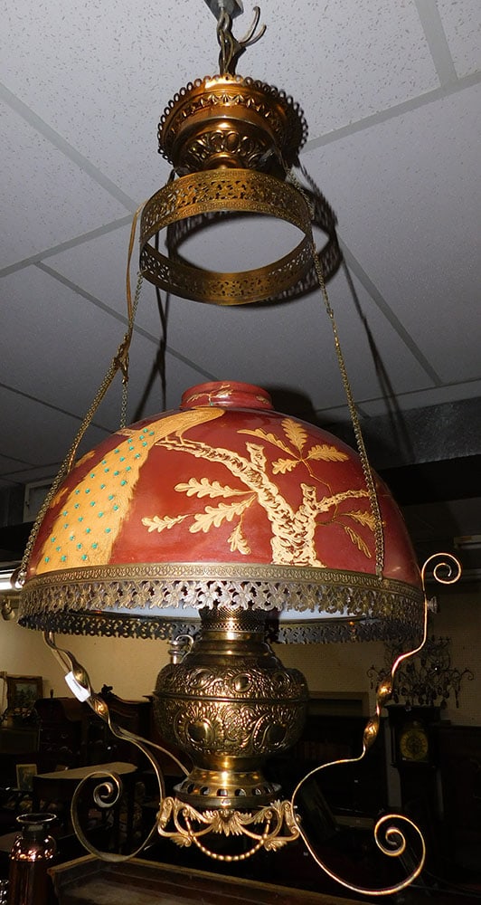 Antique Victorian Brass & Glass Oil Chandelier with Peacock Motif Electrified (1 of 3)