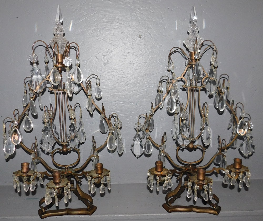 Pair of Bronze & Crystal 3 Light Candelabras (1 of 3)