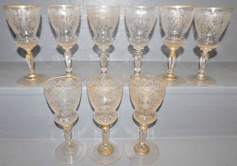 Set of 9 19th Century Etched Wine Glasses: Set of 9 19th Century Etched Wine Glasses. 7 1/2" H ALL DESCRIPTIONS AND ANY CONDITION STATEMENT GIVEN BY LANGSTON AUCTION GALLERY ARE STRICTLY OPINIONS AND LANGSTON'S SHALL HAVE NO RESPONSIBILITY FOR