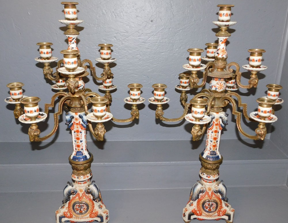 Pair of Large Imari Style Porcelain & Bronze Ram's Head Detail 10 Light Candelabras (1 of 7)