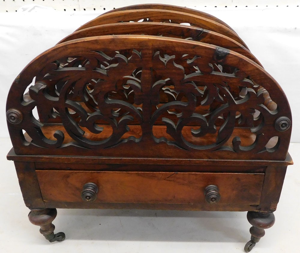 19th Century Walnut Canterbury with Drawer: 19th Century Walnut Canterbury with Drawer. 18 1/2" W 15" D 16 1/4" H ALL DESCRIPTIONS AND ANY CONDITION STATEMENT GIVEN BY LANGSTON AUCTION GALLERY ARE STRICTLY OPINIONS AND LANGSTON'S SHALL HAVE NO 