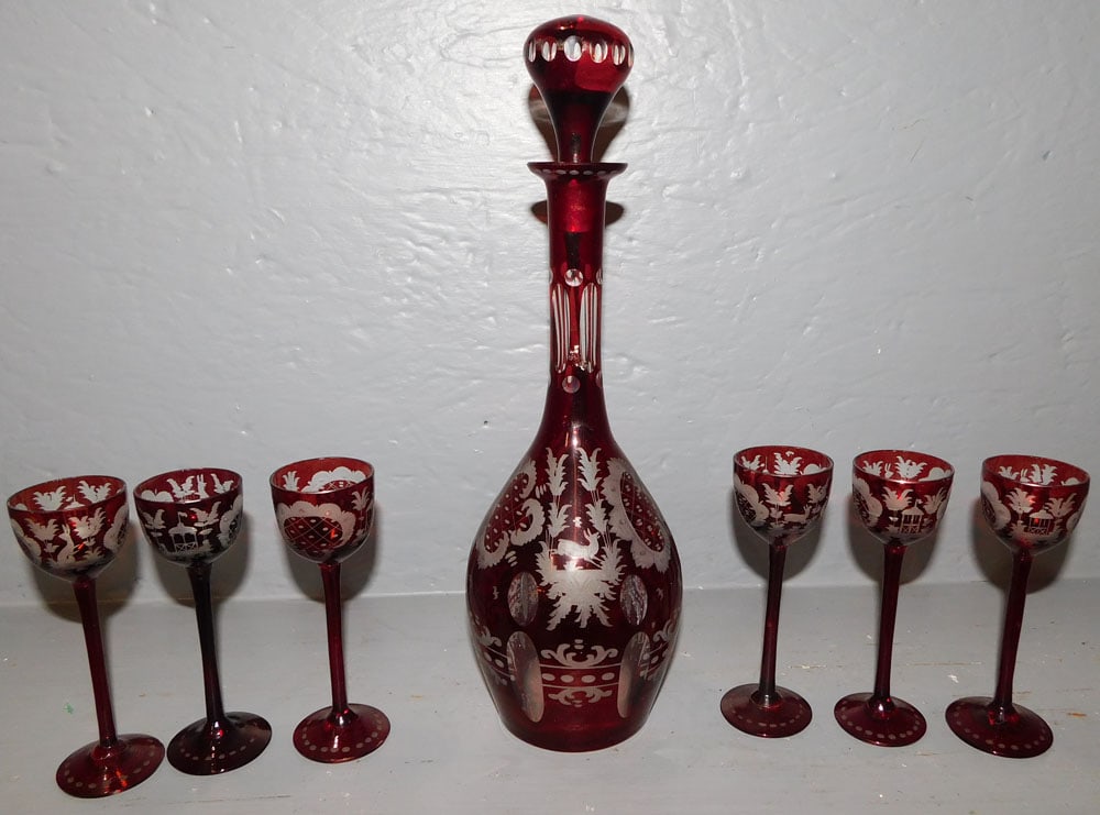 7 Piece Ruby Cut to Clear Decanter Set (1 of 4)