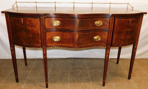 Mahogany Inlaid Serpentine Front Sideboard with Brass Gallery by Henkel Harris: Mahogany Inlaid Serpentine Front Sideboard with Brass Gallery by Henkel Harris . 66 1/4" W 26" D 42" H ALL DESCRIPTIONS AND ANY CONDITION STATEMENT GIVEN BY LANGSTON AUCTION GALLERY ARE STRICTLY OPINI