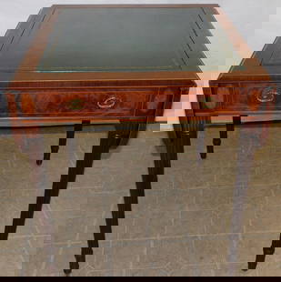 Mahogany Drop Leaf & Tooled Leather Top Game Table by Schmieg & Kotzian: Mahogany Drop Leaf & Tooled Leather Top Game Table by Schmieg & Kotzian. 28" W 30 1/4" D 30" H ALL DESCRIPTIONS AND ANY CONDITION STATEMENT GIVEN BY LANGSTON AUCTION GALLERY ARE STRICTLY OPINIONS AND