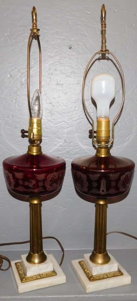Antique Ruby Cut to Clear Marble Base Lamps (1 of 4)
