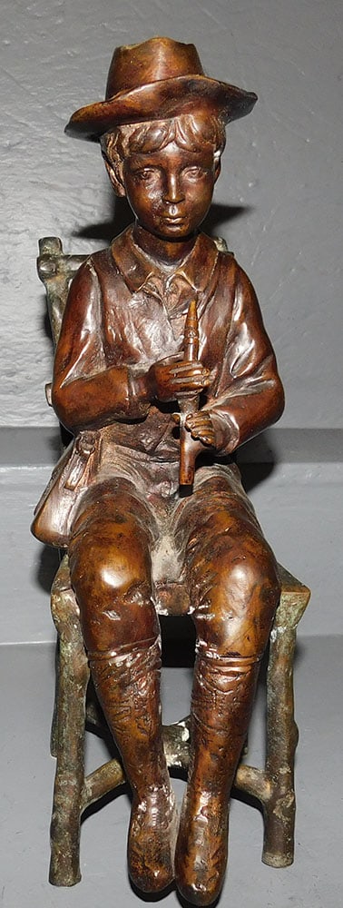 Cast Bronze Sculpture of Boy with Flute: Cast Bronze Sculpture of Boy with Flute. 15 1/4" H ALL DESCRIPTIONS AND ANY CONDITION STATEMENT GIVEN BY LANGSTON AUCTION GALLERY ARE STRICTLY OPINIONS AND LANGSTON'S SHALL HAVE NO RESPONSIBILITY FOR 
