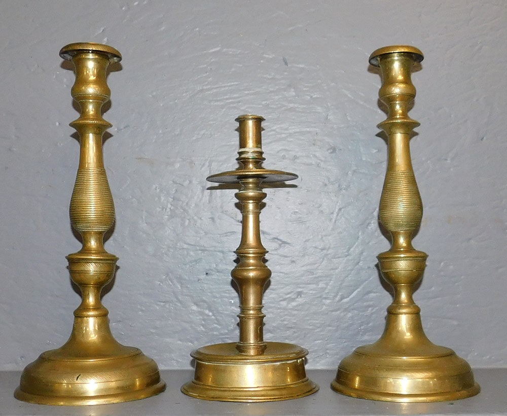3 Antique Round Base Brass Candlesticks (1 of 3)