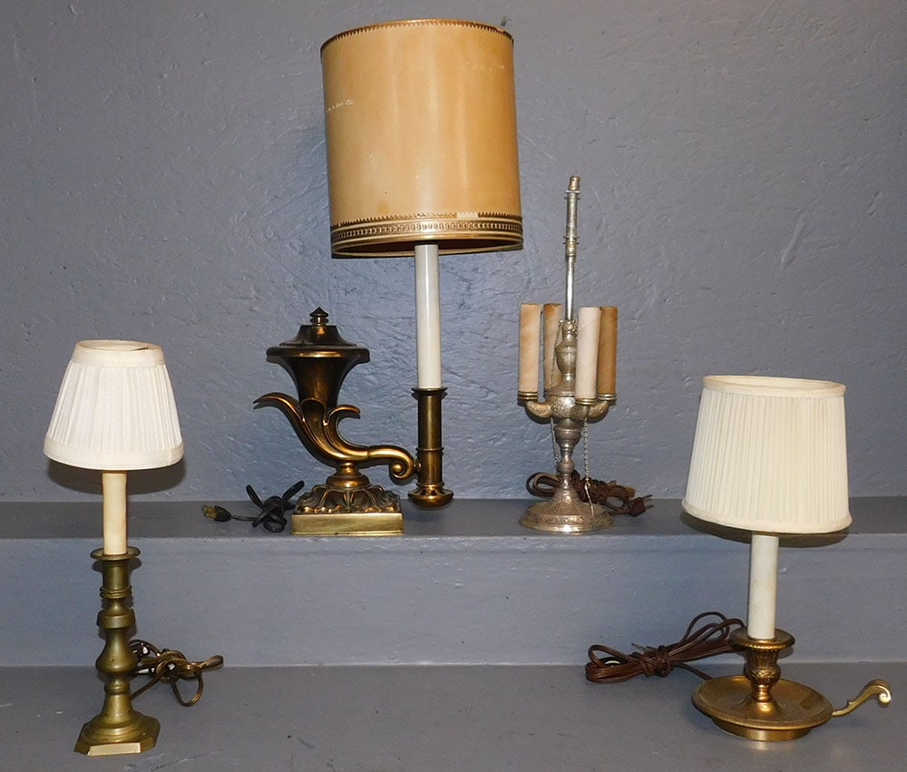 Lot of 4 Antique Lamps, (3 Brass & 1 Silverplate): Lot of 4 Antique Lamps, (3 Brass & 1 Silverplate). Up to 22 3/4" H ALL DESCRIPTIONS AND ANY CONDITION STATEMENT GIVEN BY LANGSTON AUCTION GALLERY ARE STRICTLY OPINIONS AND LANGSTON'S SHALL HAVE NO RES