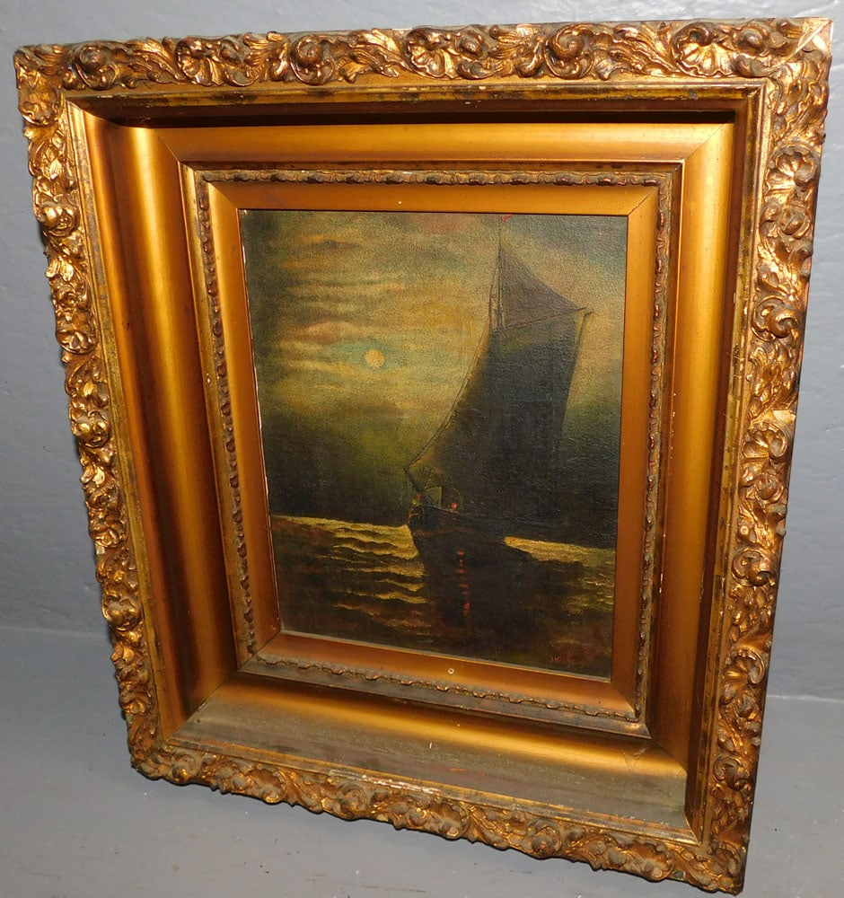 Antique Oil on Canvas Ship Scene Signed (1 of 5)