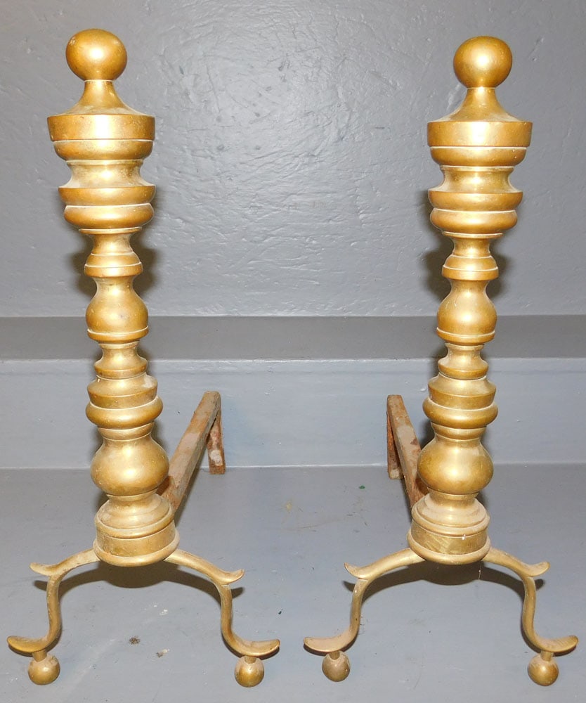 Pair of Antique Brass Andirons: Pair of Antique Brass Andirons. 19" H ALL DESCRIPTIONS AND ANY CONDITION STATEMENT GIVEN BY LANGSTON AUCTION GALLERY ARE STRICTLY OPINIONS AND LANGSTON'S SHALL HAVE NO RESPONSIBILITY FOR ERRORS OR OMI