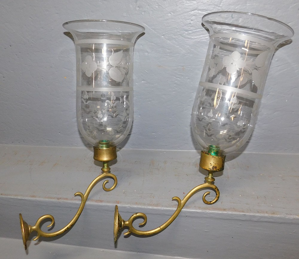 Pair of Brass Wall Sconces with Etched Glass Shades (1 of 5)