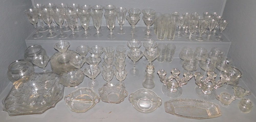 90 Pieces of Fostoria Stemware Including Candlesticks, Plates, & Cups (1 of 8)