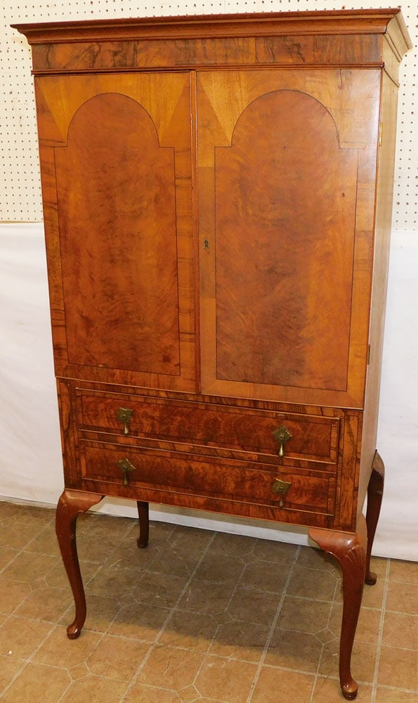 Antique Burl Walnut Queen Anne Style 2 Door Cabinet with 2 Drawers (1 of 7)
