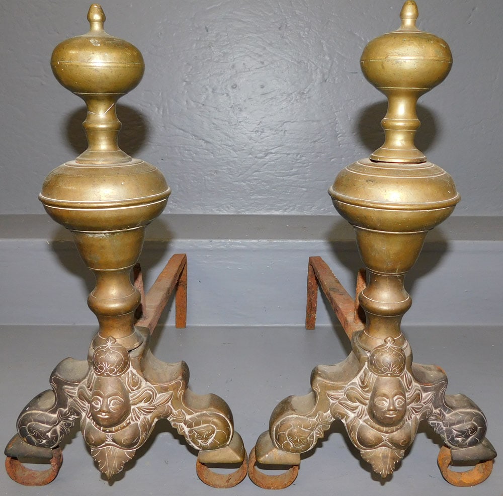 Pair of Antique Brass Andirons: Pair of Antique Brass Andirons . 16 1/4" H ALL DESCRIPTIONS AND ANY CONDITION STATEMENT GIVEN BY LANGSTON AUCTION GALLERY ARE STRICTLY OPINIONS AND LANGSTON'S SHALL HAVE NO RESPONSIBILITY FOR ERRORS O