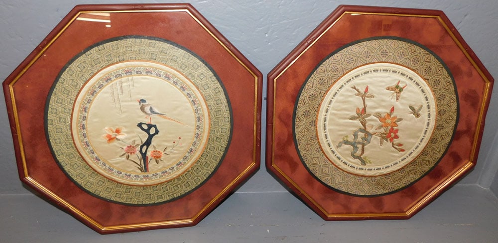 Pair of Framed Chinese Embroideries: Pair of Framed Chinese Embroideries. 17" X 17" ALL DESCRIPTIONS AND ANY CONDITION STATEMENT GIVEN BY LANGSTON AUCTION GALLERY ARE STRICTLY OPINIONS AND LANGSTON'S SHALL HAVE NO RESPONSIBILITY FOR ERRO