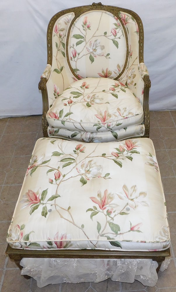 Antique Painted Carved Wood French Arm Chair & Ottoman with Down Cushion (1 of 8)
