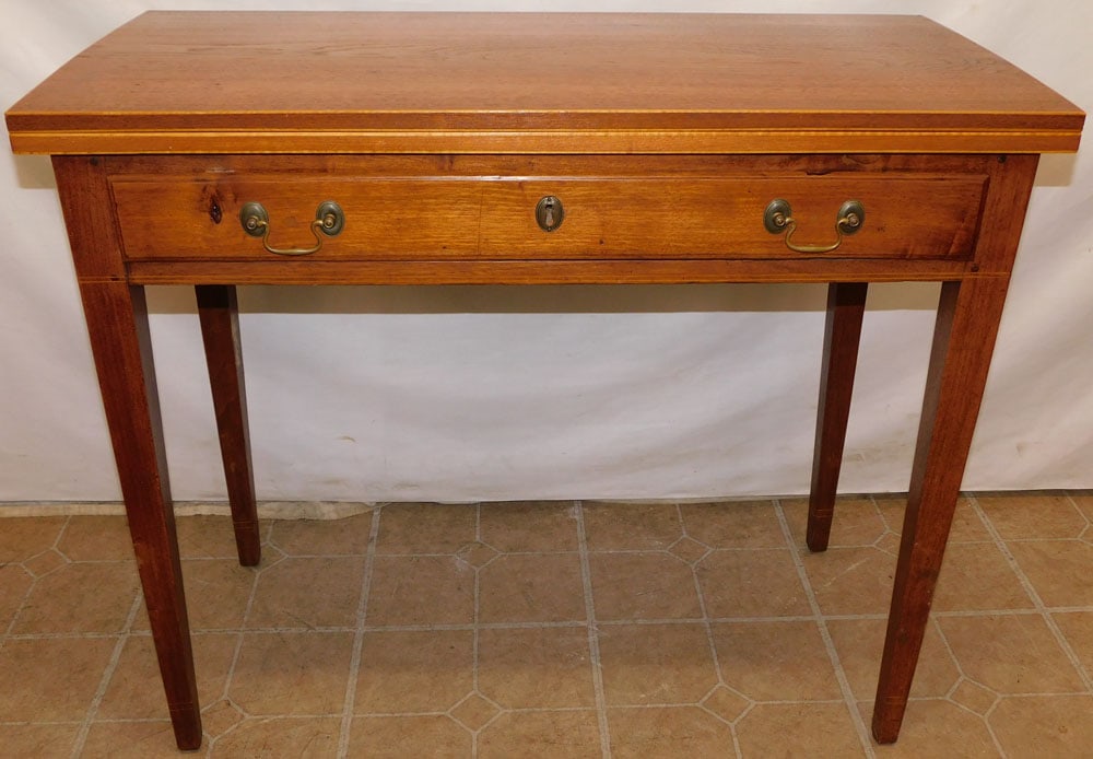 19th Century Walnut Inlaid Fold Over Top Game Table with Drawer (1 of 7)