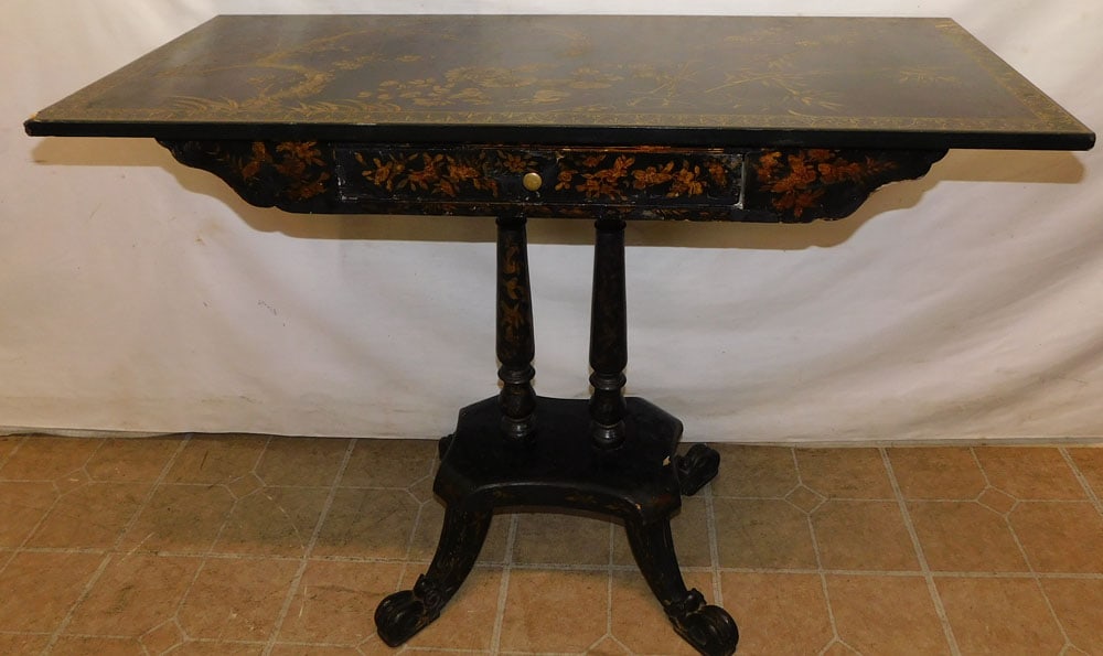 Black Lacquered Chinoiserie Decorated 1 Drawer Console (1 of 6)