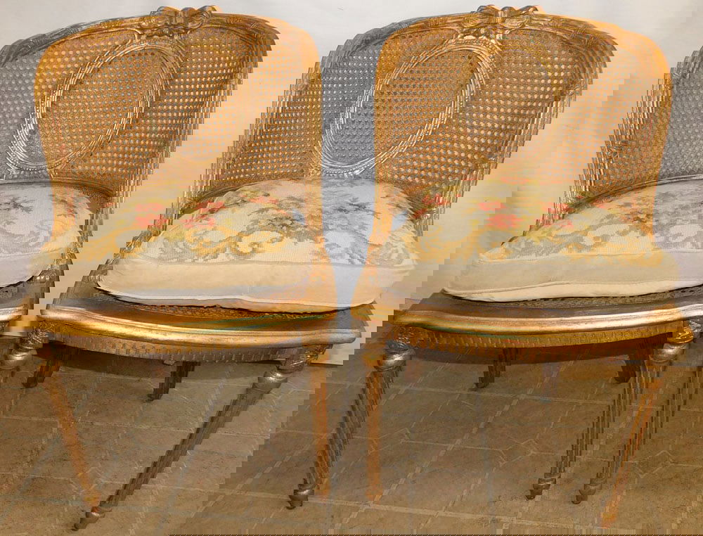 Pair of Gilded Wood Cane Seat & Needlepoint Cushion Bergères (1 of 5)