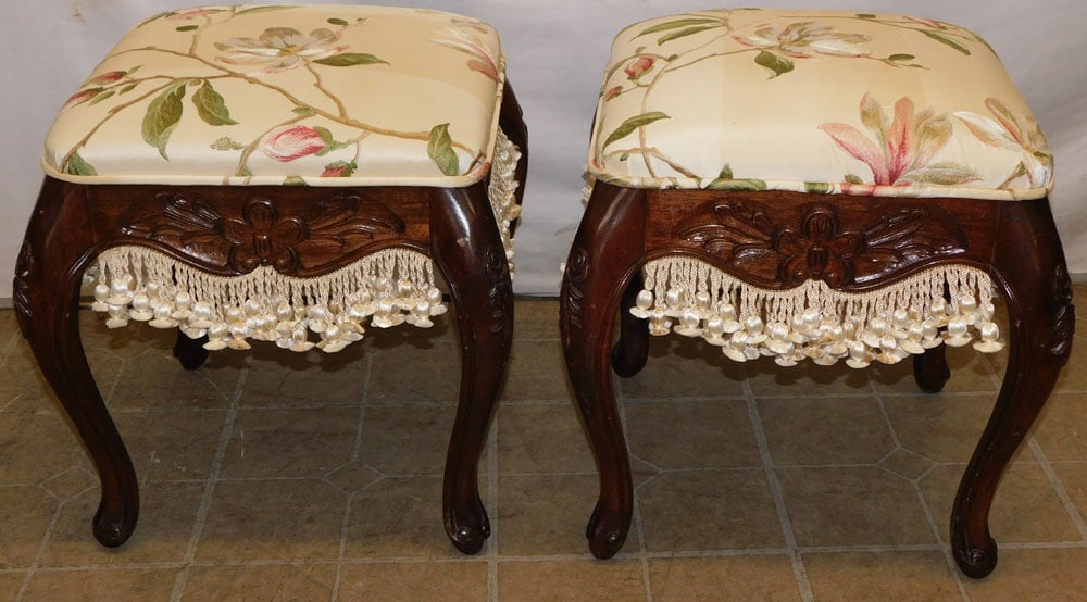 Pair of Carved Walnut & Silk Upholstered Top Ottomans (1 of 4)