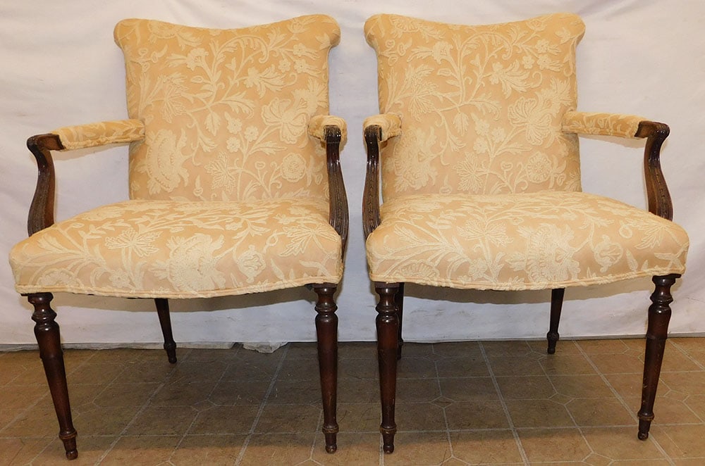 Pair Carved Mahogany & Crewel Work Upholstered Arm Chairs (1 of 4)