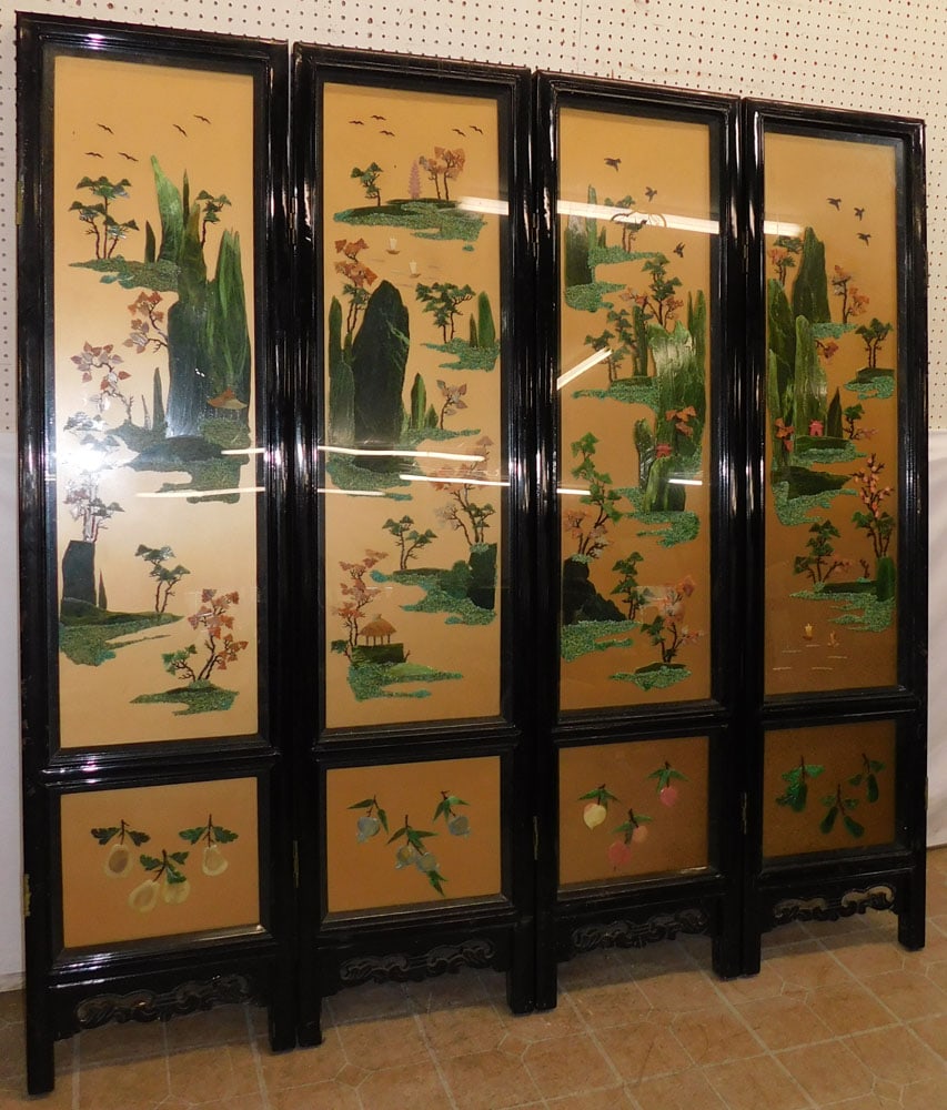 4 Panel Oriental Room Divider with Carved Stone High Relief (1 of 7)