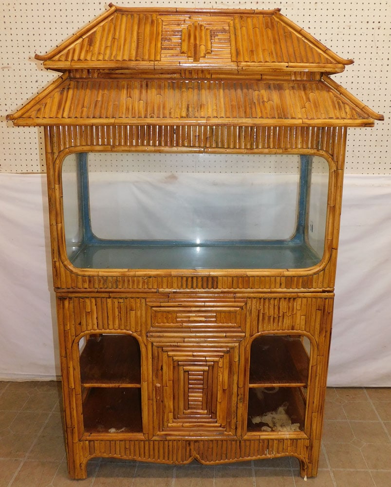 Mid Century Modern Pencil Rattan Pagoda Top Showcase on Cabinet: Mid Century Modern Pencil Rattan Pagoda Top Showcase on Cabinet . 44" W 23" D 68" H ALL DESCRIPTIONS AND ANY CONDITION STATEMENT GIVEN BY LANGSTON AUCTION GALLERY ARE STRICTLY OPINIONS AND LANGSTON'S
