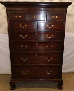 Mahogany 3/2/4 New Market Tall Chest by Henkel Harris: Mahogany 3/2/4 New Market Tall Chest by Henkel Harris. 45" W 24 1/4" D 65 3/4" H ALL DESCRIPTIONS AND ANY CONDITION STATEMENT GIVEN BY LANGSTON AUCTION GALLERY ARE STRICTLY OPINIONS AND LANGSTON'S SHA