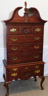 Cherry Bonnet Top 3 Part Queen Anne Style Shell Carved Highboy by Henkel Harris: Cherry Bonnet Top 3 Part Queen Anne Style Shell Carved Highboy by Henkel Harris. 41 1/4" W 20 1/4" D 90" H ALL DESCRIPTIONS AND ANY CONDITION STATEMENT GIVEN BY LANGSTON AUCTION GALLERY ARE STRICTLY O