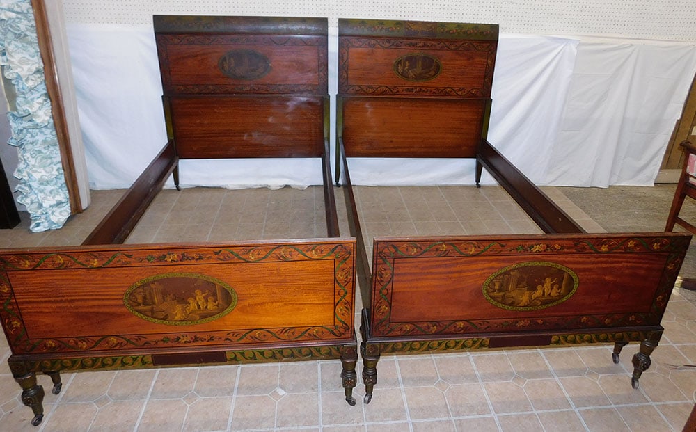 Pair of Adams Paint Decorated Satinwood Twin Beds by Johnson Furniture Co. (1 of 10)