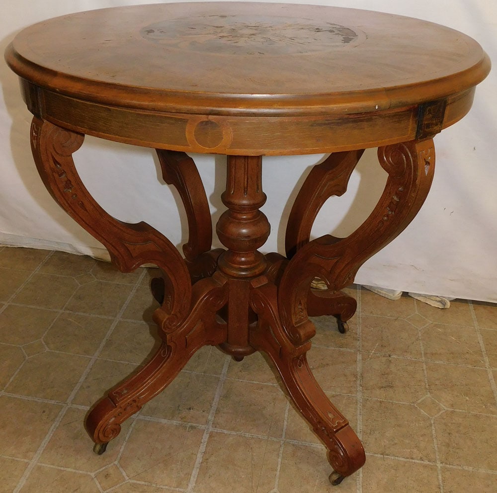 19th Century Burl Walnut Victorian Marquetry Inlaid Top Center Table (1 of 4)