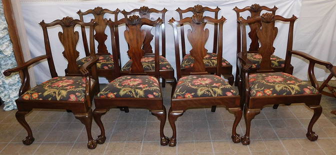 Set of 8 Mahogany Shell Carved Chairs with Ball & Claw Feet by Henkel Harris: Set of 8 Mahogany Shell Carved Chairs with Ball & Claw Feet by Henkel Harris . 40 1/4" H ALL DESCRIPTIONS AND ANY CONDITION STATEMENT GIVEN BY LANGSTON AUCTION GALLERY ARE STRICTLY OPINIONS AND LANGST