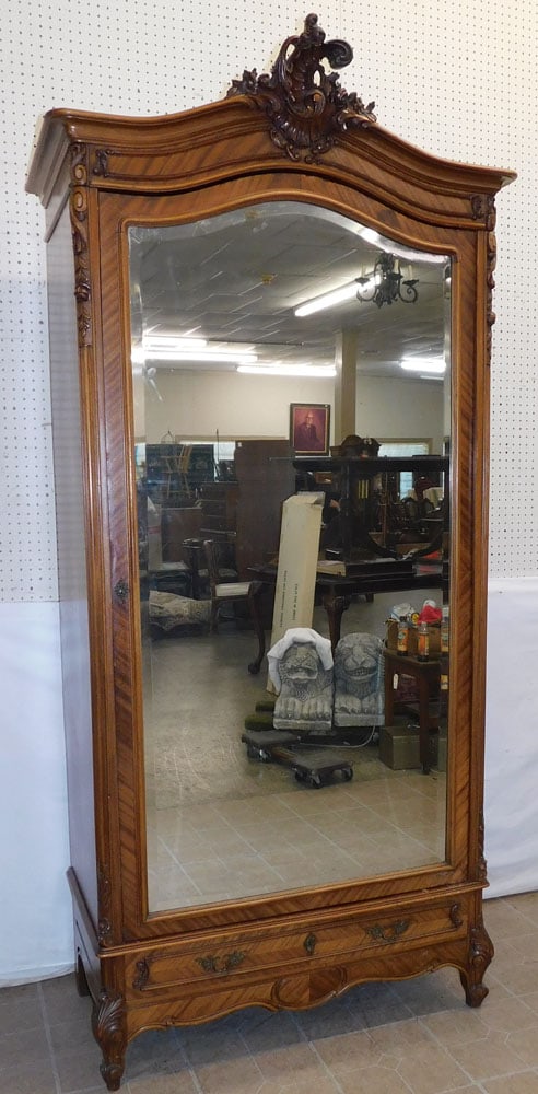 Antique Carved Walnut French Mirror Door Wardrobe (1 of 5)