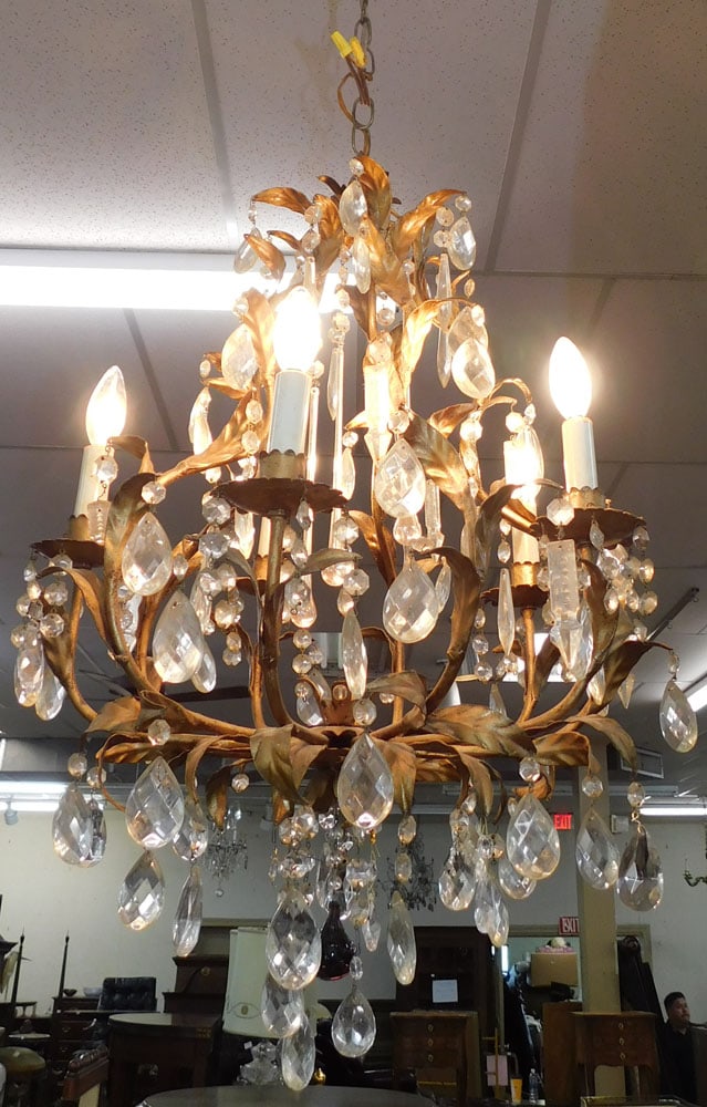 Gilded Metal & Crystal 5 Light Chandelier (1 of 3)