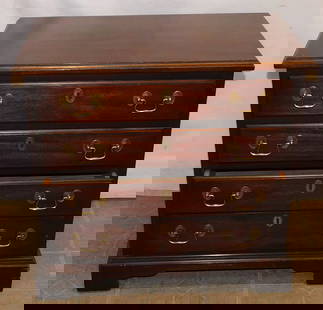 Mahogany Four Drawer Night Stand With Brass Carrying Handles By Henkel Harris: Mahogany Four Drawer Night Stand With Brass Carrying Handles By Henkel Harris. 24" W 14 1/2" D 22 3/4" H ALL DESCRIPTIONS AND ANY CONDITION STATEMENT GIVEN BY LANGSTON AUCTION GALLERY ARE STRICTLY OPI